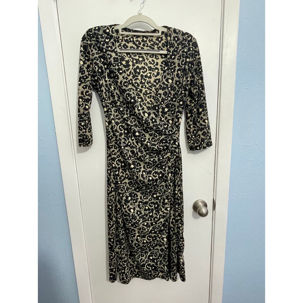 Y2k Vintage Dress Small Faux Wrap Black Gold Whimsygoth 3/4 Sleeve Office Siren